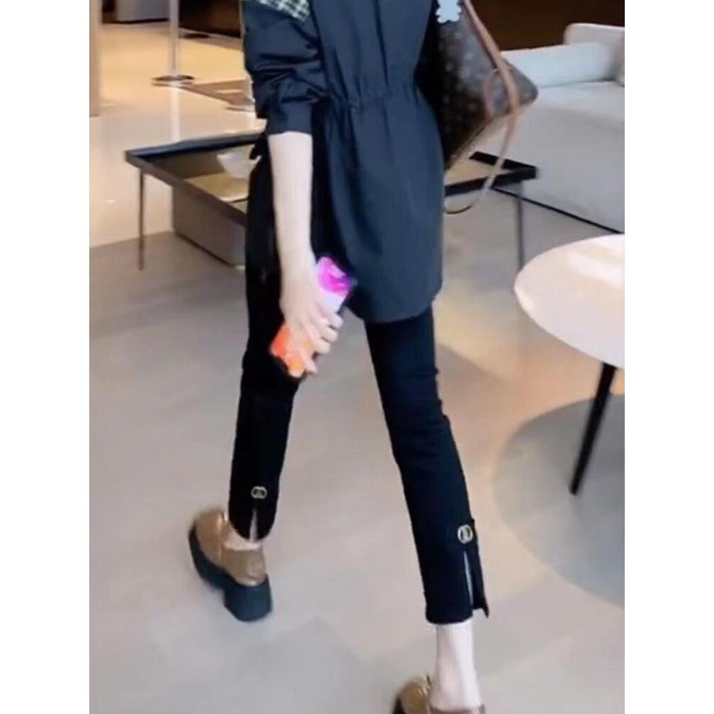 孕妇裤子春夏季薄款大码黑色九分女小个子直筒开叉外穿烟管牛仔裤