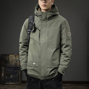 外 保暖鹅绒连帽工装 冬季 潮牌户外防寒羽绒服男冲锋上衣宽H松大码