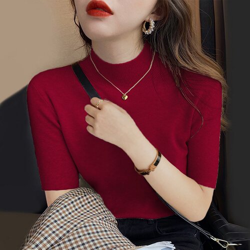 春秋冬季半高领五分袖针织衫女毛衣打底衫套N头内搭中袖百搭上衣