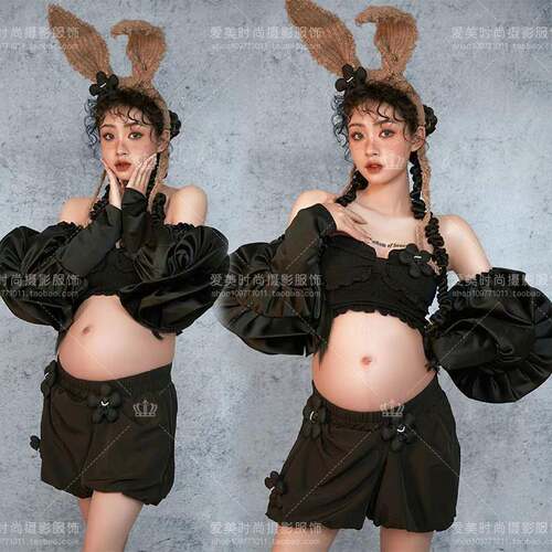 23影楼主题新款孕妇拍照服装卡其兔耳朵黑色套装泡泡袖写真摄影服