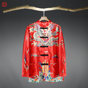 唐装男青年盘扣立领宽松r复古男装中国风绸缎印花龙袍外套男春季