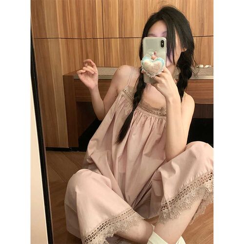 韩版吊带睡衣女夏季长裤甜美蕾丝花边简I约纯色全棉家居服两件套