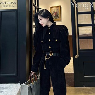 欧货丝绒套装女2023秋冬新款时尚尖领配腰带衬衣束U脚哈伦裤两件