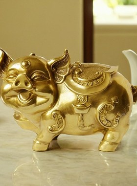 纯铜猪摆件财福猪家居办公室缺角元宝铜猪大号金猪客厅桌面摆放
