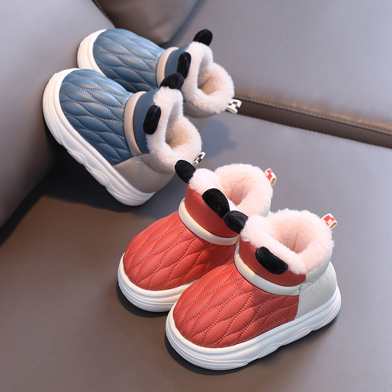 儿童棉拖鞋冬季男宝宝室内PU皮面防水家居鞋女小T大童高筒保暖棉