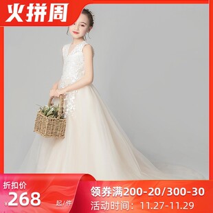 女童晚礼服公主裙儿童婚纱超长拖尾歌唱小孩模特走秀钢琴演出服冬