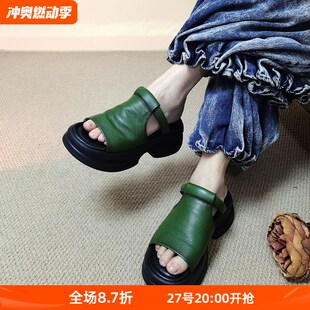 夏季新款真皮厚底鱼嘴p凉拖鞋女复古松糕底增高半拖百搭休闲室外