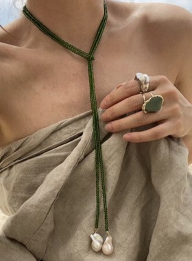 时尚超长珍珠绿尖晶串珠项链女长款毛衣链小众设计感气质颈链配饰