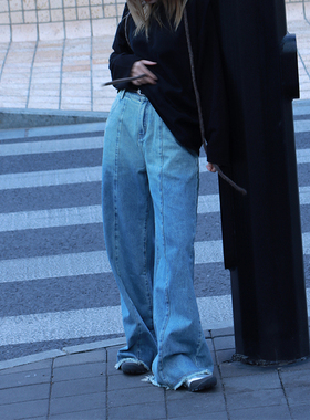 ROLLINGAGE 复古中低腰毛边时髦显瘦宽松阔腿牛仔裤女