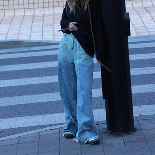 ROLLINGAGE 复古中低腰毛边时髦显瘦宽松阔腿牛仔裤女