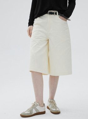 ROLLINGAGE 24春夏新品细节牛仔中裤女复古弧形分割直筒高腰短裤