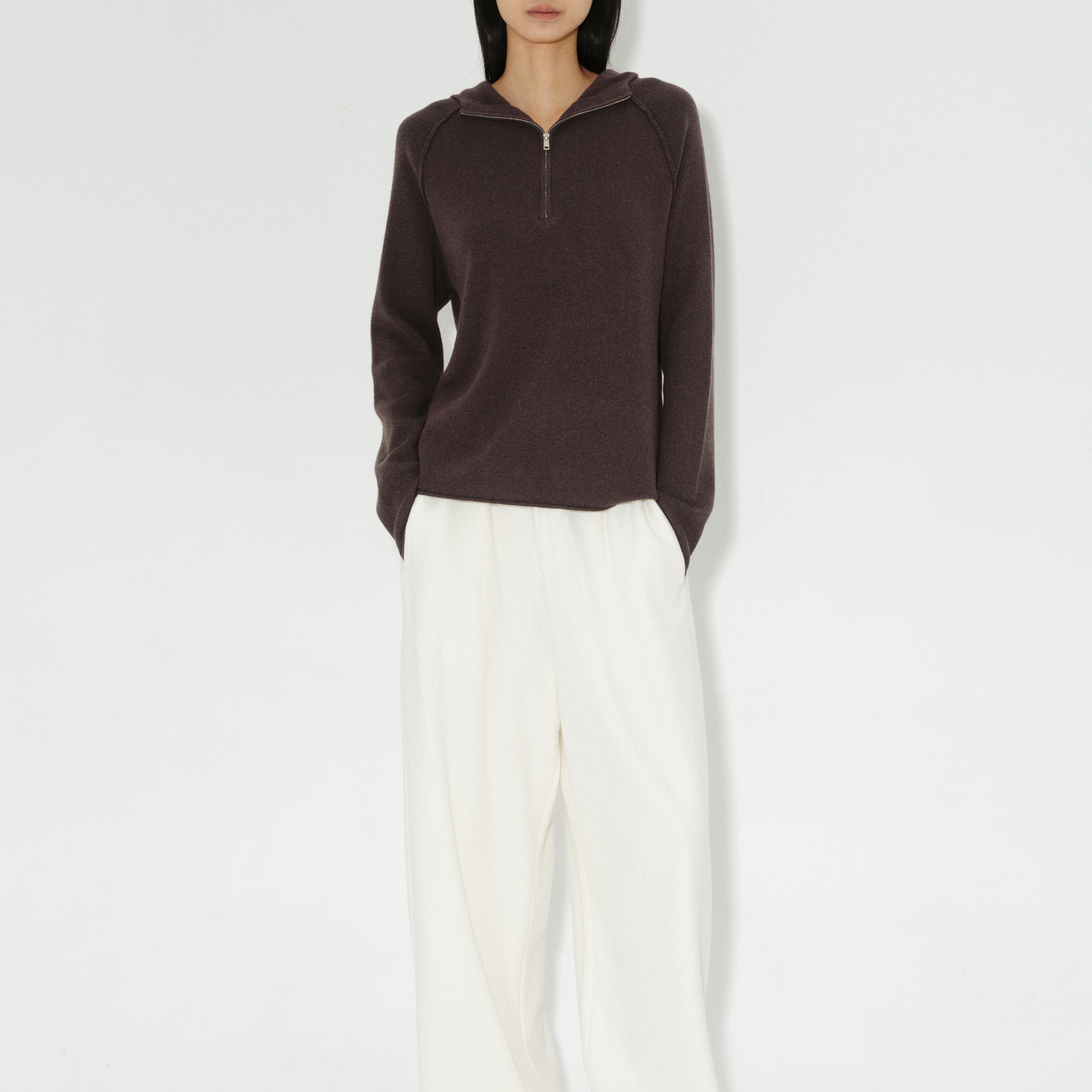 ROLLINGAGE羊毛高领拉链宽松乌木连帽插肩袖棕卫衣