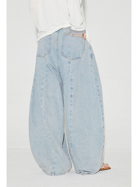 ROLLINGAGE 2025夏季浅色分割线牛仔长裤时髦宽松弧线茧型牛仔裤