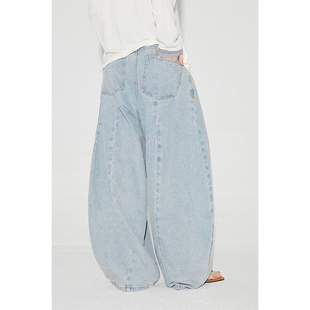 ROLLINGAGE 2025夏季浅色分割线牛仔长裤时髦宽松弧线茧型牛仔裤