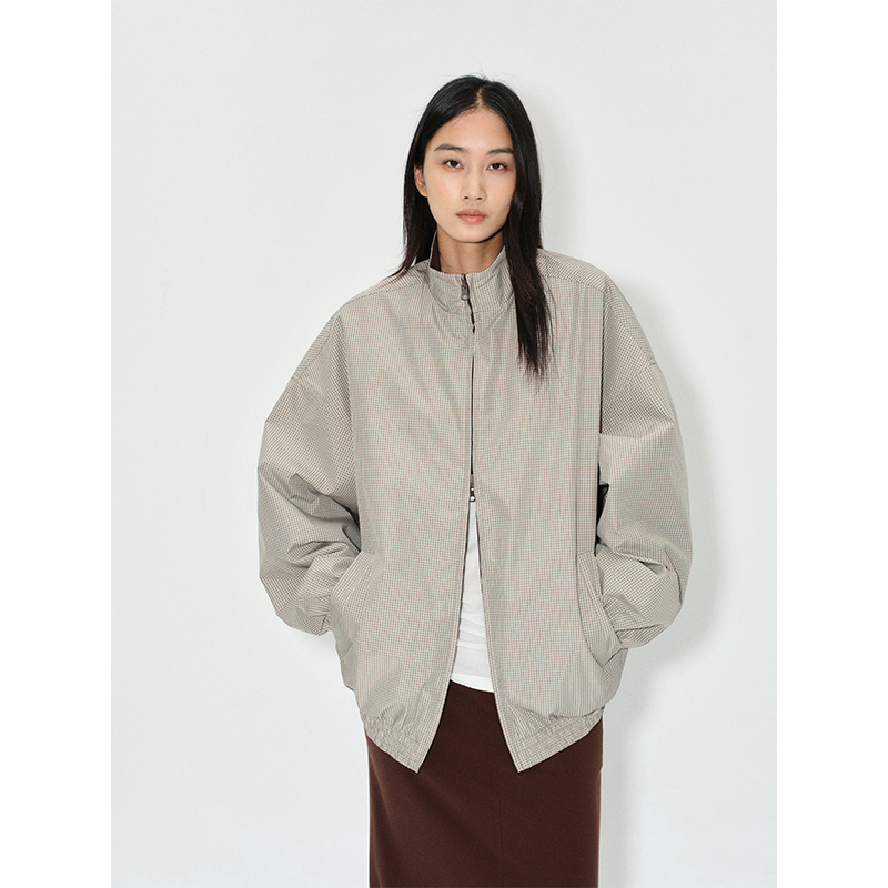 ROLLINGAGE 两面穿双开拉链宽松立领夹克廓形外套 亮棕/绿格纹