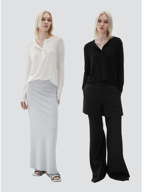 ROLLINGAGE 亨利领羊毛叠穿针织衫女慵懒毛衣打底上衣