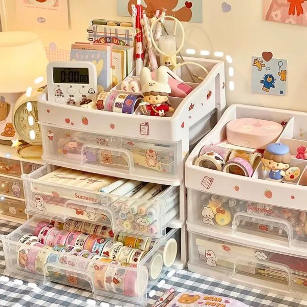 宿舍化妆盒透明女学生化妆品置物架文具抽屉式收纳盒可爱桌面