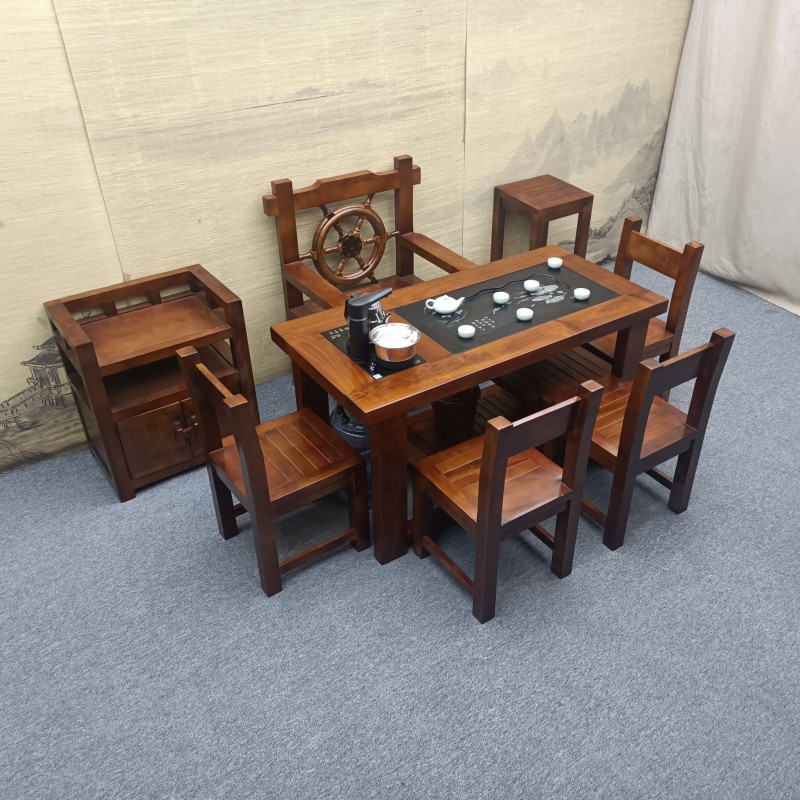 老船木茶几新中式实木茶台办公室仿古功夫一体小型阳台茶桌椅组合