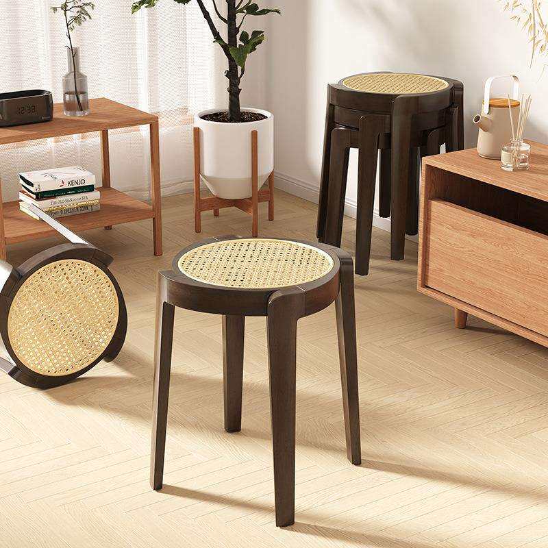 实木凳子可叠放藤编家用小圆凳简约矮餐凳化妆凳客厅板凳加厚凳子