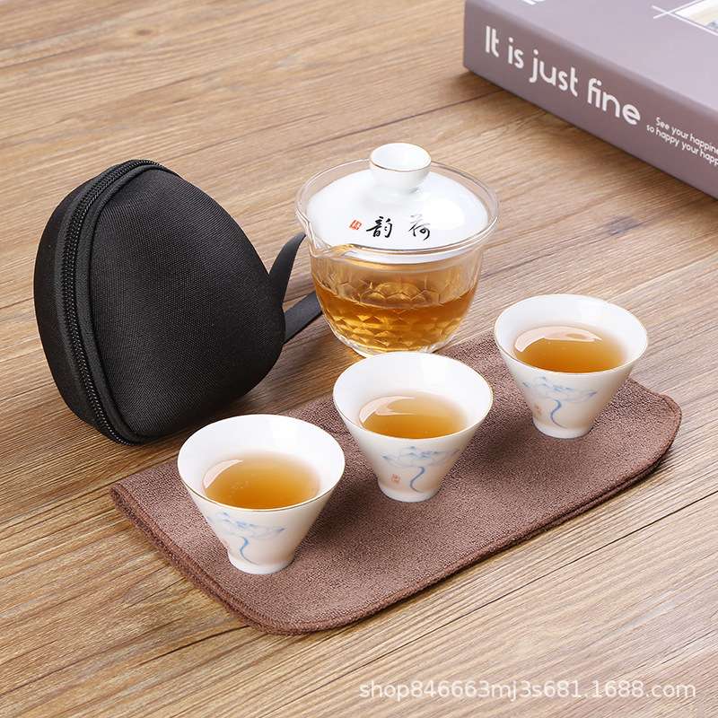 白瓷快客杯一壶三杯便携旅行包茶具杯袋玻璃公道杯陶瓷盖LOGO定
