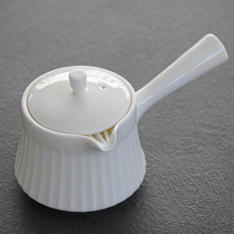 儒趣日式创意侧把壶白瓷竖纹小茶壶家用办公陶瓷过滤泡茶器单壶