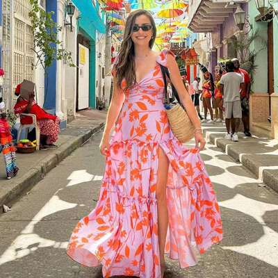 2024欧美泳装新款V领荷叶边海边度假印花连体泳衣套装女25084