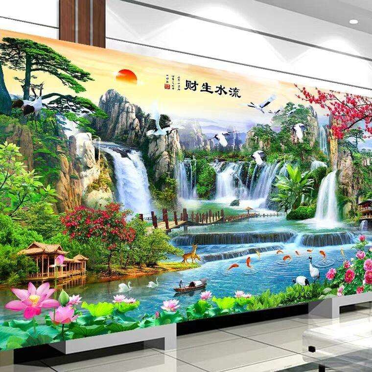 新款流水瀑布钻石画满钻贴钻十字绣钻石绣客厅大幅风景山水画