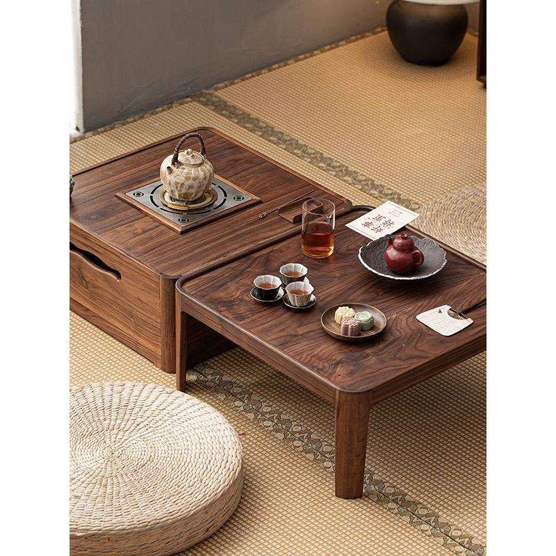 北美黑胡桃木飘窗桌子矮桌榻榻米中式实木炕桌茶桌阳台茶几可折叠