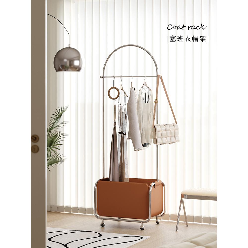 左下卧室落地衣帽架简约小户型移动收纳架不锈钢马鞍皮隔夜挂衣架