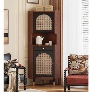 复古拼色简易置物架角落三角柜实木藤编转角柜客厅墙角柜收纳柜子