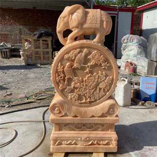 石雕门墩抱鼓石一对汉白玉仿古做旧动物青石晚霞红石鼓家用摆件