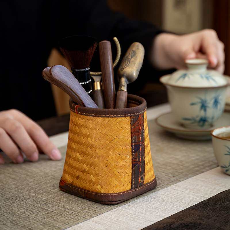 手工竹编缎面印花笔筒茶道六君子收纳筒复古茶道筒复古茶道零配