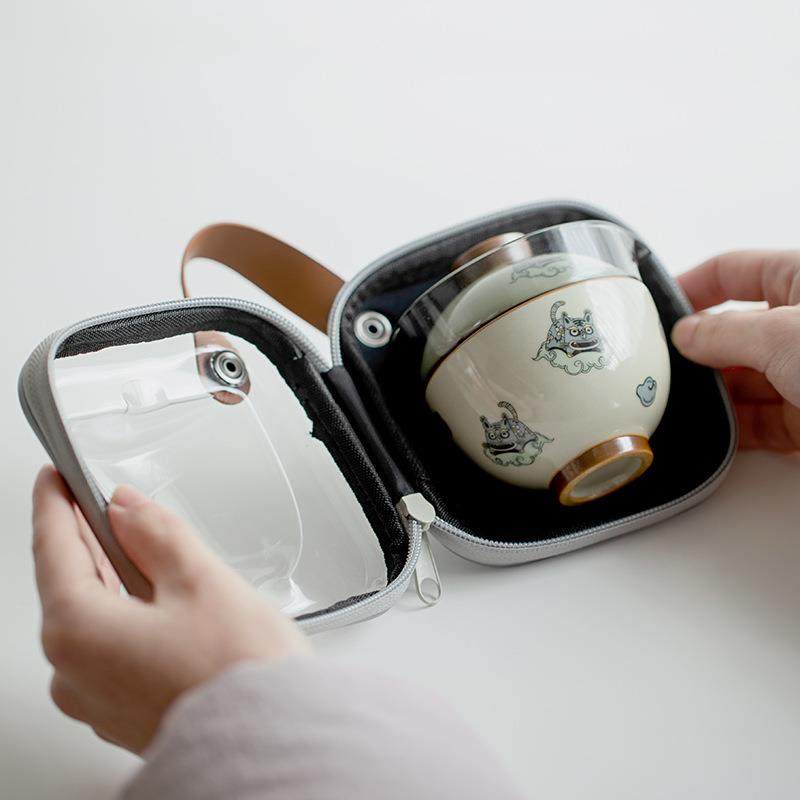 如虎添翼玻璃旅行茶具套装单人户外便携式陶瓷老虎快客杯一壶一杯