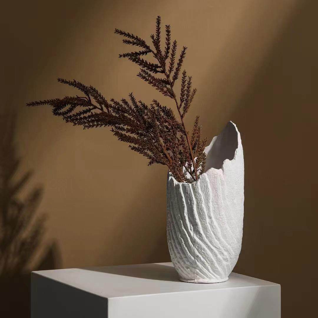 现代陶瓷罐花瓶客厅样板房电视柜装饰品仿树皮花艺插花器摆件白瓷