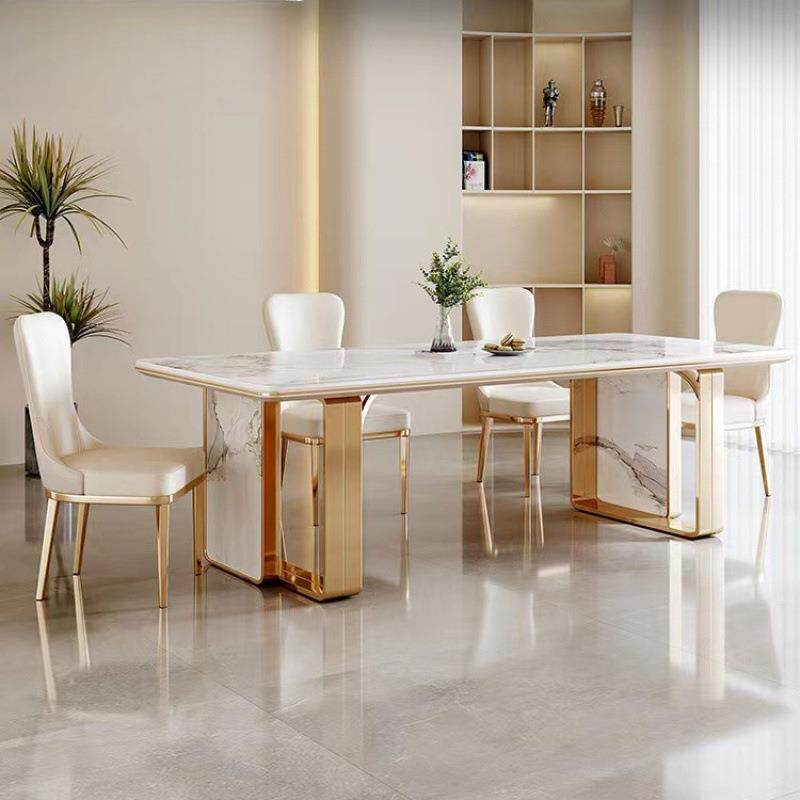 轻奢亮面岩板餐桌椅组合现代简约小户型长方形大理石家用吃饭桌子