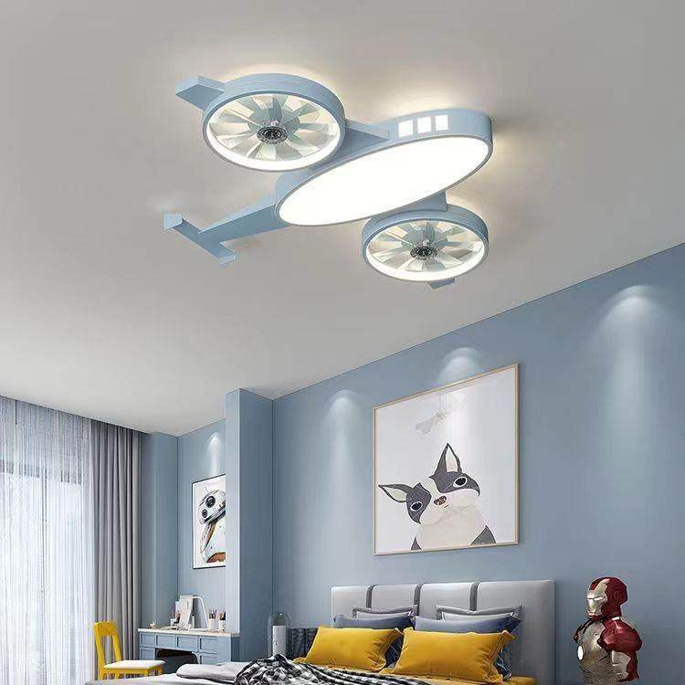 儿童房卧室灯吸顶灯电风扇一体静音风扇灯男孩房间护眼创意飞机灯