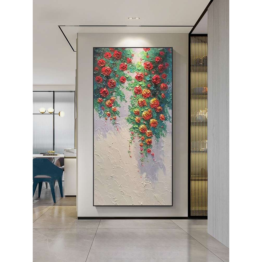 蔷薇花油画手绘入户玄关装饰画竖版客厅走廊美式现代轻奢挂画立体图片