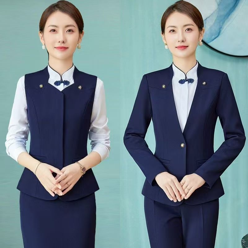 酒店餐饮服务员工作服春秋职业套装女前台接待中式餐厅茶楼工装男