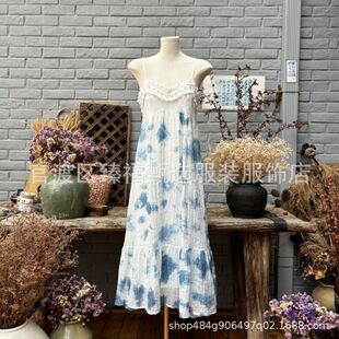 扎染蓝染蓝白染植物染珠子吊带连衣裙吊带裙长裙仙气旅行旅拍女装
