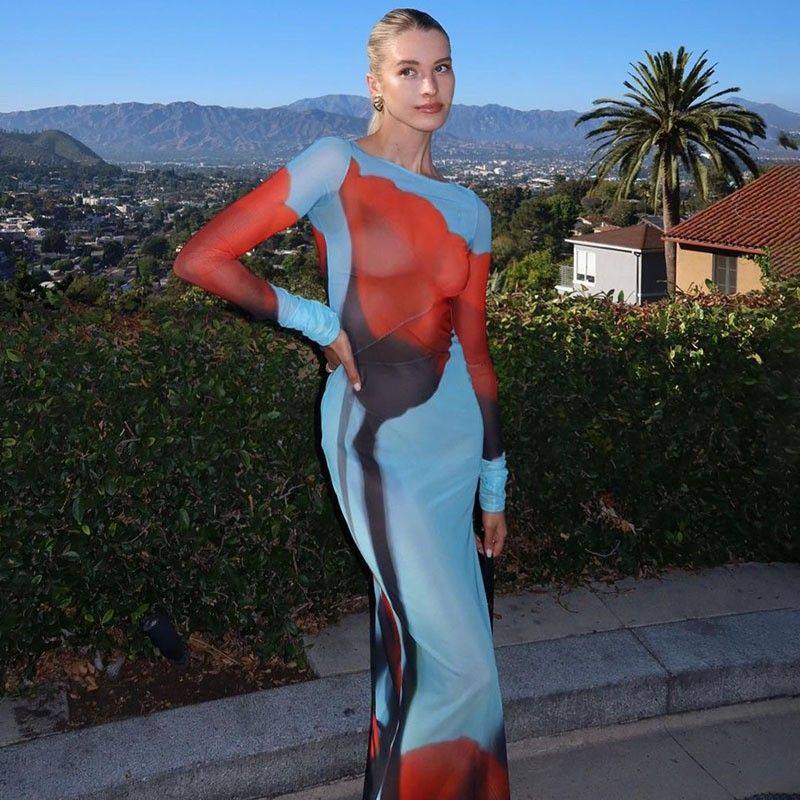 JFL20196欧美风新款印花圆领连衣裙女时尚性感网纱透视开叉长裙,女装/女士精品,连衣裙,淘宝优惠券,粉丝福利购,淘宝优惠卷