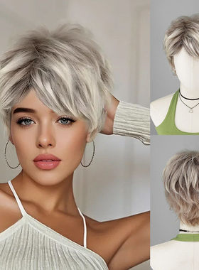 温丝假发女cos日系酷拽全头套假发渐变白灰色仿真人发丝假发