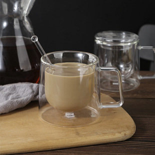 明尚德透明杯子双层玻璃杯带把手水杯家用办公咖啡杯马克杯批发