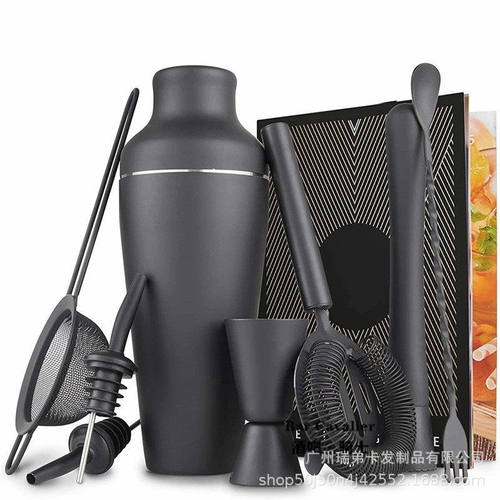 HOT精美哑光黑不锈钢调酒器套装8件套雪克壶摇酒壶鸡尾酒工具全套
