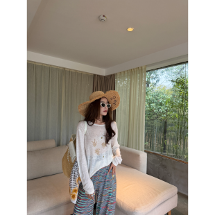 T恤YY 极简微透慵懒亚麻珠片长袖 2026春夏新款 799 YANG