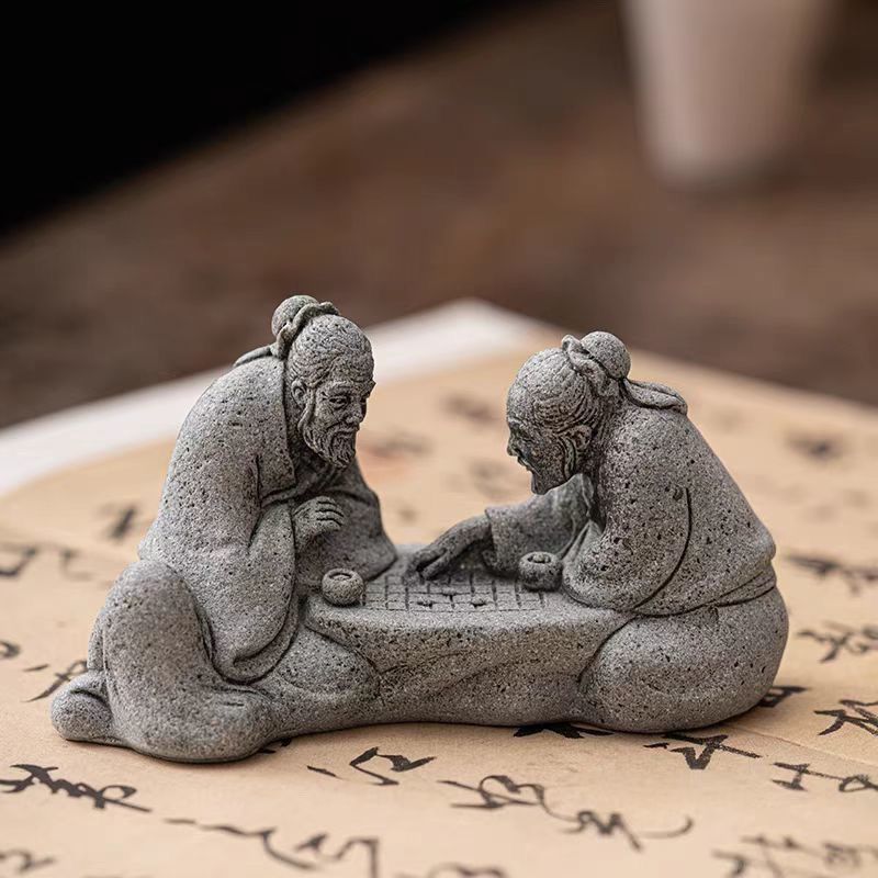 青砂石中式老头下棋摆件茶几茶宠盆景鱼缸微景观造景摆件