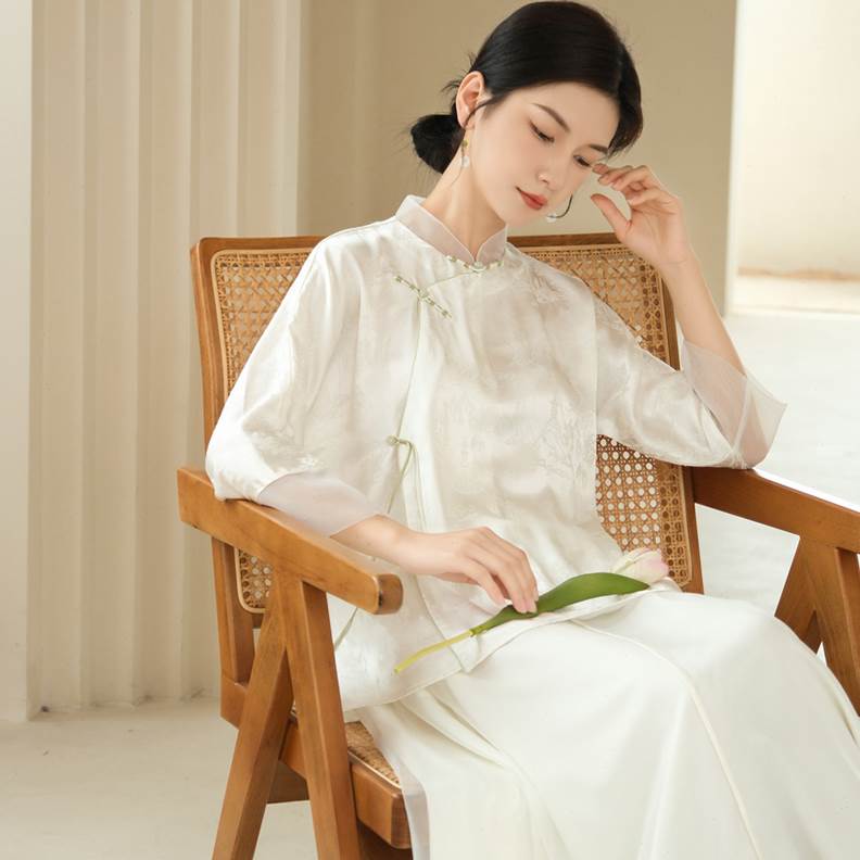 潑茶香 新中式國潮風(fēng)女裝復(fù)古改良唐裝簡約立領(lǐng)人絲提花上衣茶服