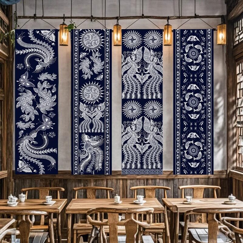 民族风贵州苗族蜡染风长条幅挂布餐饮店装饰民宿天花板背景布天幕,居家布艺,挂毯/壁毯,淘宝优惠券,粉丝福利购,淘宝优惠卷
