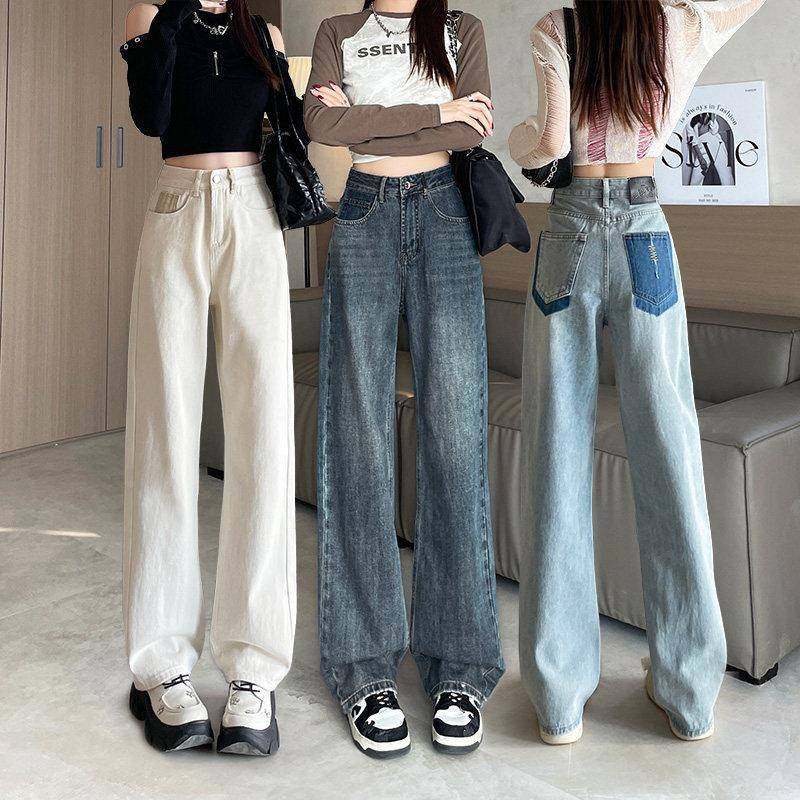 白色窄版阔腿牛仔20240905裤女春秋冬加绒高腰接垂感遮胯米小个子