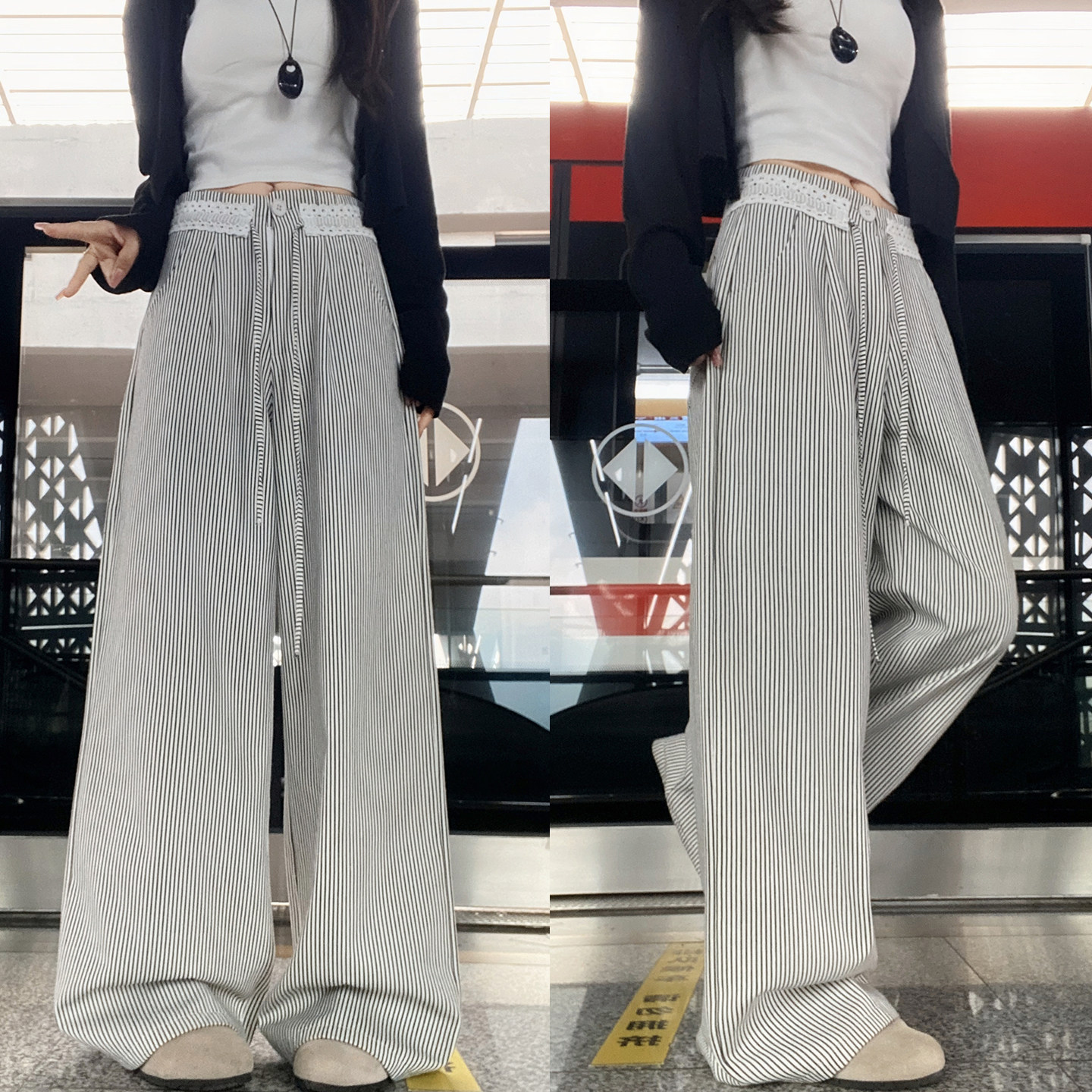 黑白条纹裤子女春秋2026新款阔腿裤垂坠感高级感小个子直筒休闲裤