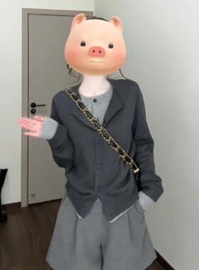 学院风灰色假两件拼接衣外套女2025早毛秋季新款修短24029款针织